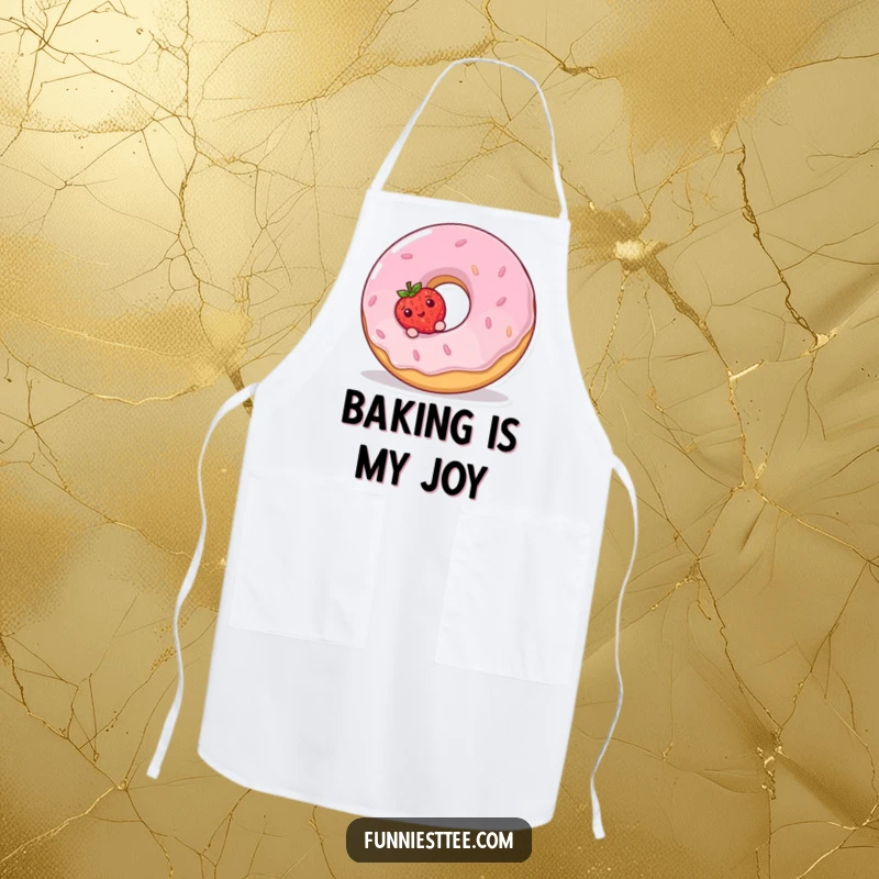 Funny Apron graphic of a shy strawberry peeking from behind a giant, giggling donut, ready for culinary adventures.