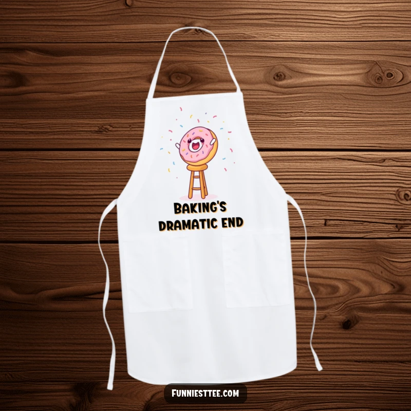 Funny and practical apron with a donut character falling off a stool with flying sprinkles, perfect for cooking.