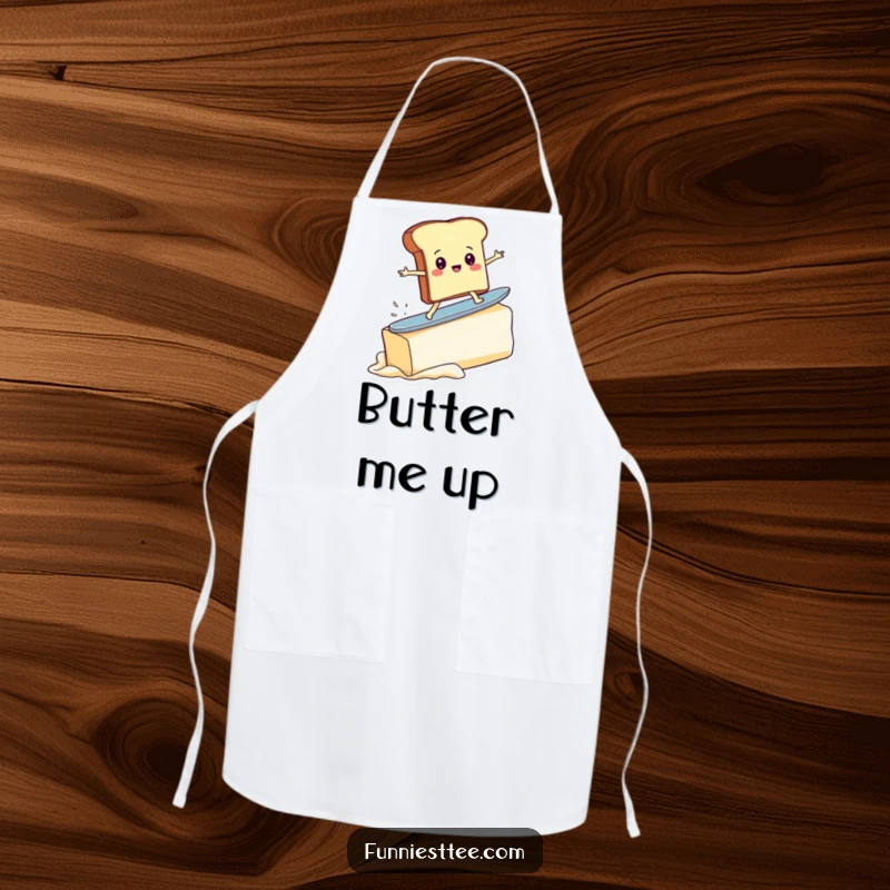 Funny apron featuring a determined toast character attempting to surf a giant pat of butter, ideal for humorous cooking sessions.