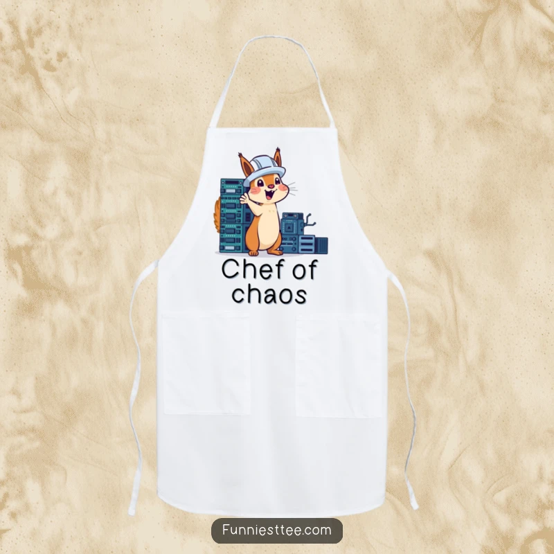 Funny squirrel in a hard hat excitedly gesturing towards a tower of circuit boards, tech humor on a kitchen apron.