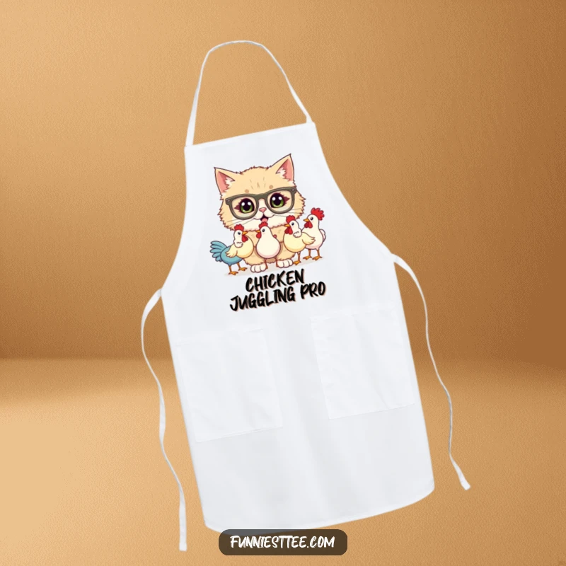 Funny apron featuring a fluffy cat with big glasses, comically juggling three rubber chickens while attempting to cook, a true kitchen clown.