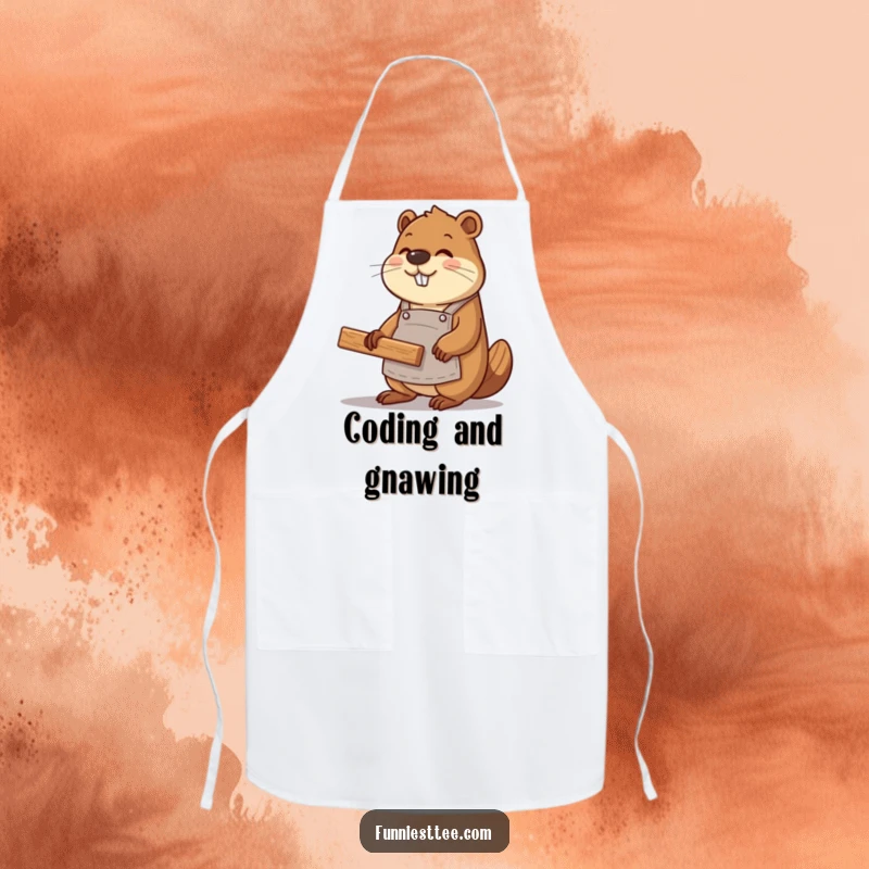 Funny beaver coder wearing an apron, constructing a website with wood planks, ready for kitchen adventures.