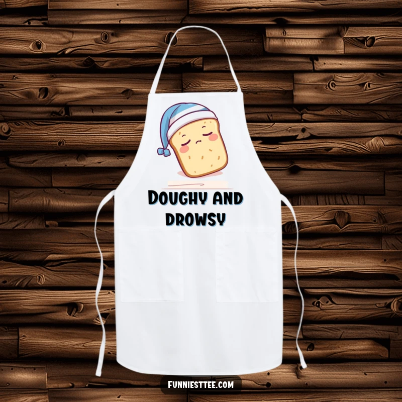 Funny apron depicting a sleepy bread loaf wearing a nightcap, humorously falling off a shelf, a sweet kitchen accessory.