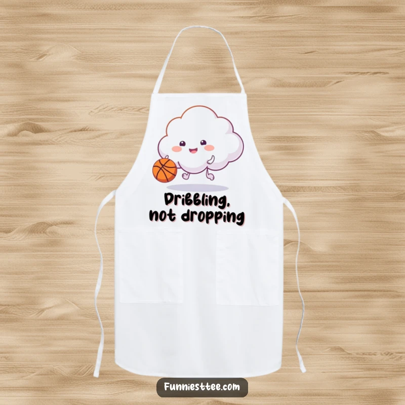 Funny happy cloud dribbling a basketball with its puff on an apron, a humorous and practical kitchen accessory.