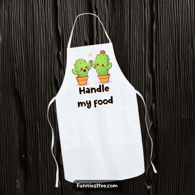 Funny apron showcasing two prickly cactus characters attempting a careful high-five, perfect for humorous cooking sessions.