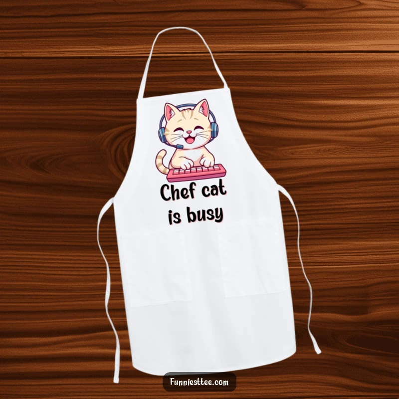 Funny Cat Apron: A happy cat wearing a headset types quickly on a keyboard, perfect for kitchen humor.