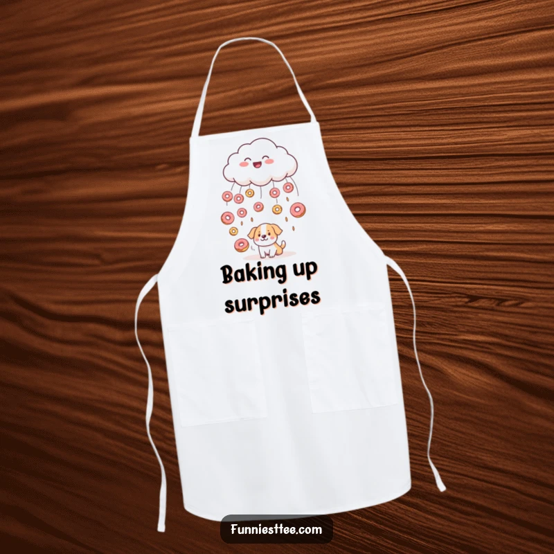 Funny apron featuring a smiling cloud raining donuts onto a bewildered dog, a whimsical and humorous addition to any cook's attire.