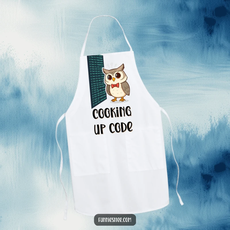 Funny curious owl wearing a bow tie peering at lines of code on a screen, coding humor on a kitchen apron.