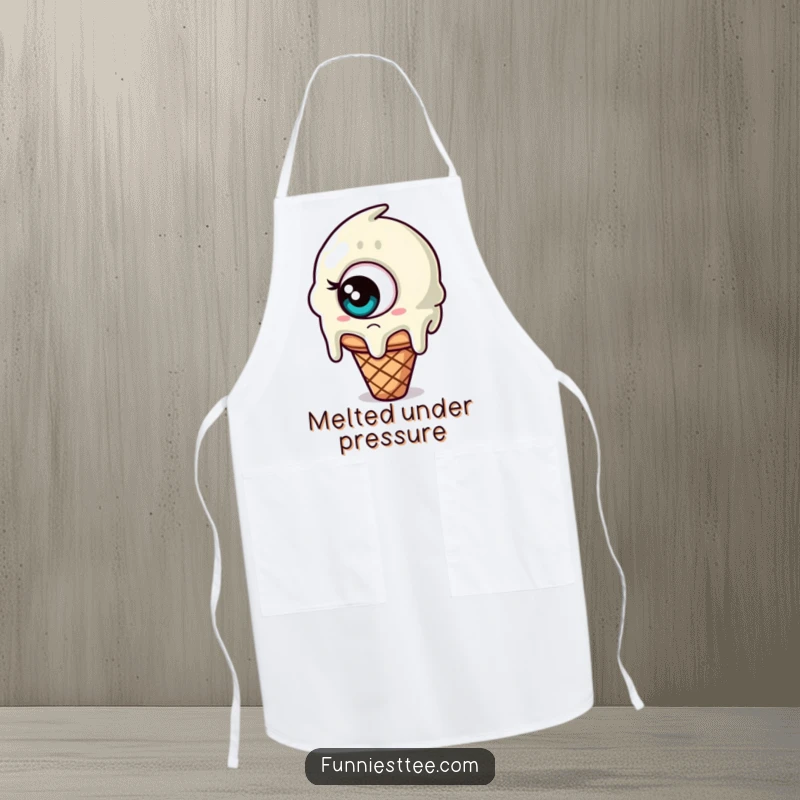 Funny apron depicting a melting ice cream cone with one giant, confused eye, a sweet and comical accessory for the kitchen.