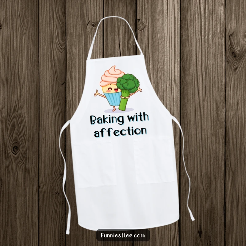 Funny apron depicting a happy cupcake with frosting arms outstretched, attempting to hug a grumpy broccoli, a sweet kitchen accessory.