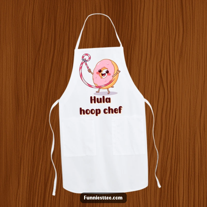 Funny apron depicting a donut energetically hula hooping with a licorice whip, ideal for a playful and messy cook.
