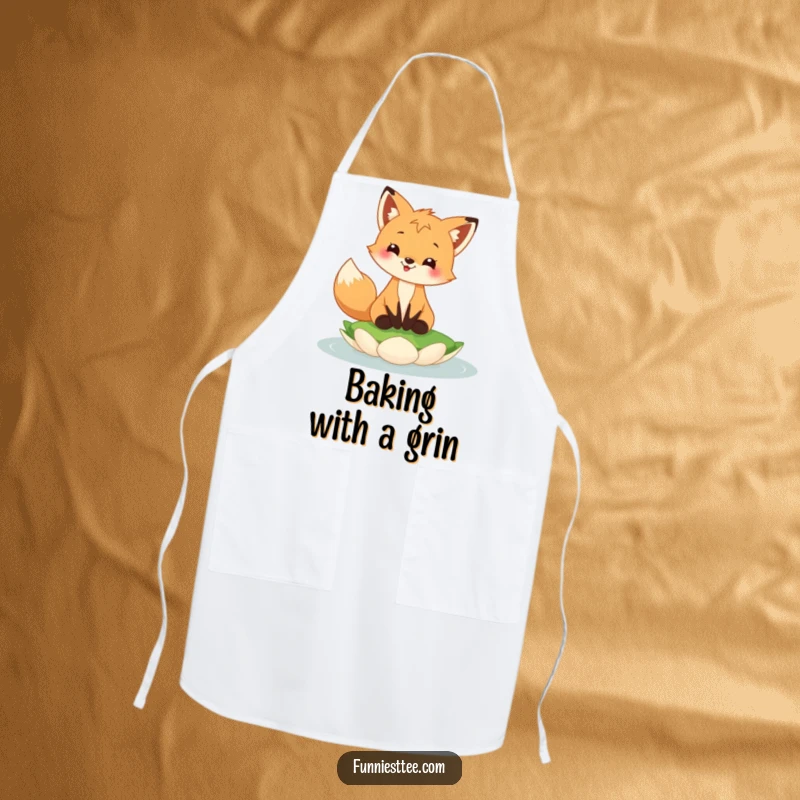 Funny fox cub apron showing a happy fox cub grinning, balancing on a floating lily pad, perfect for kitchen use.