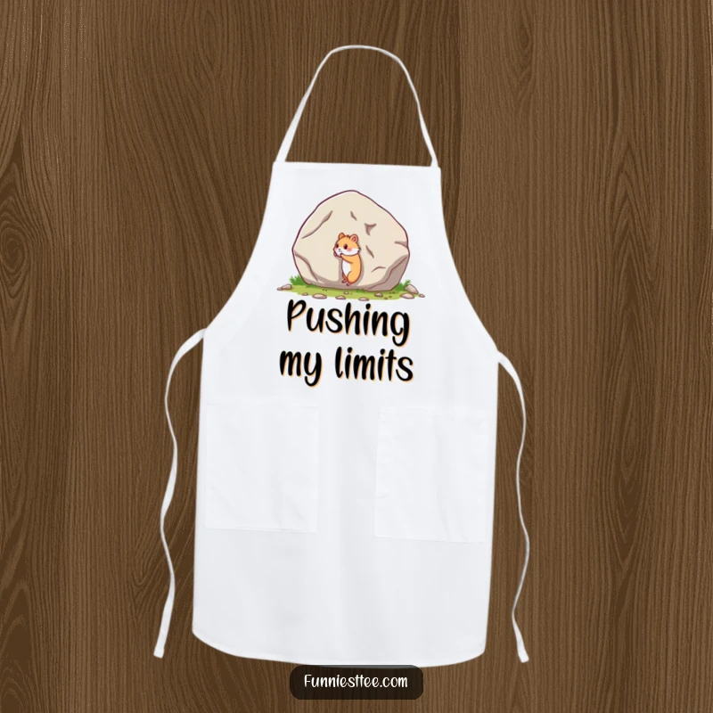 Funny apron illustration of a small hamster bravely attempting to push a huge boulder, for kitchen humor.