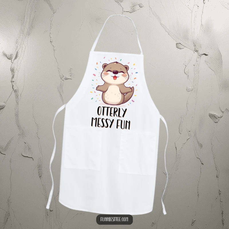 Funny apron depicting a delighted otter spinning happily in confetti, perfect for adding joyful fun to culinary tasks with a smile.