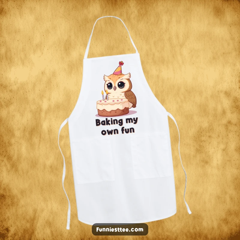 Funny owl apron, a curious owl in a party hat looking at a birthday cake, ready for kitchen fun.