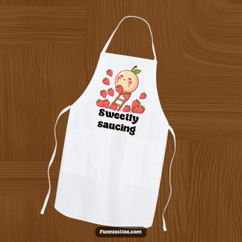 Funny apron showing a blushing peach climbing a ladder made of strawberries, ideal for adding sweetness to kitchen activities.