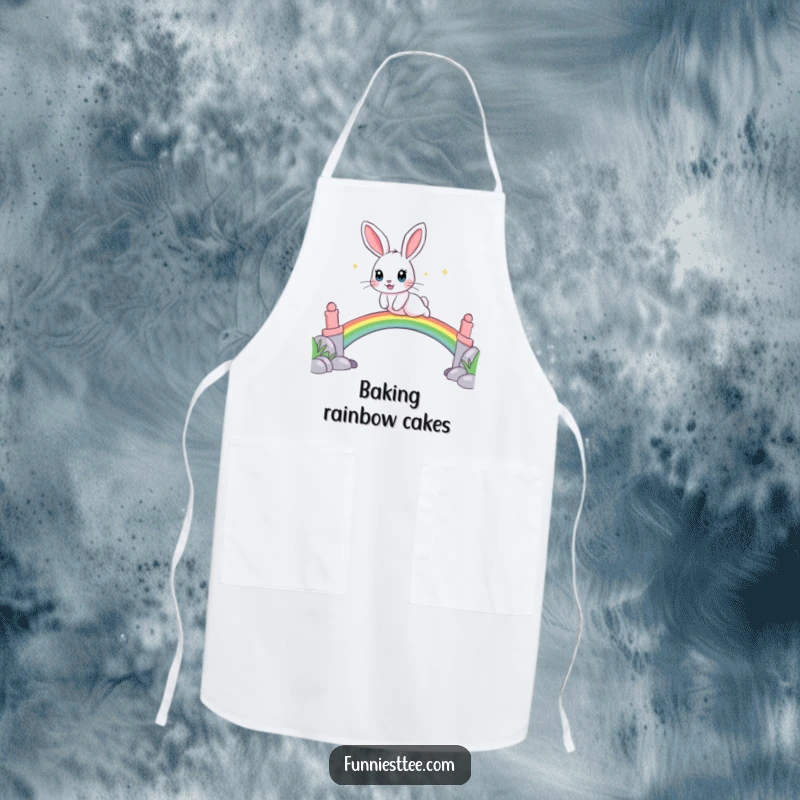 Funny apron featuring a playful rabbit with sparkling eyes leaping over a rainbow bridge, perfect for kitchen fun.