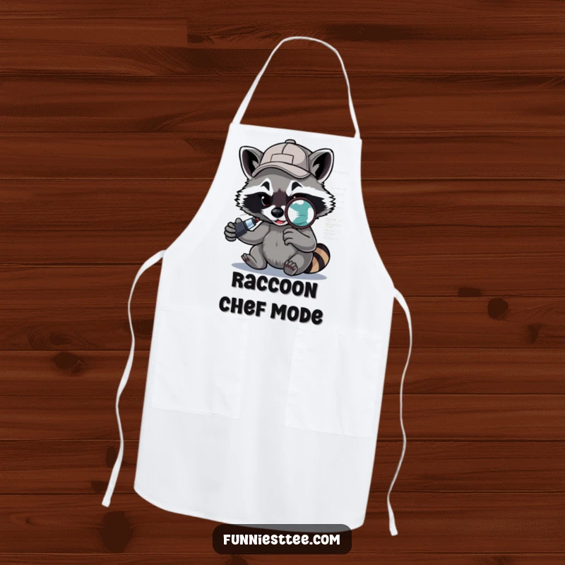Funny Raccoon Apron: A determined raccoon with a backward cap uses a magnifying glass to debug code, ideal for kitchen humor.