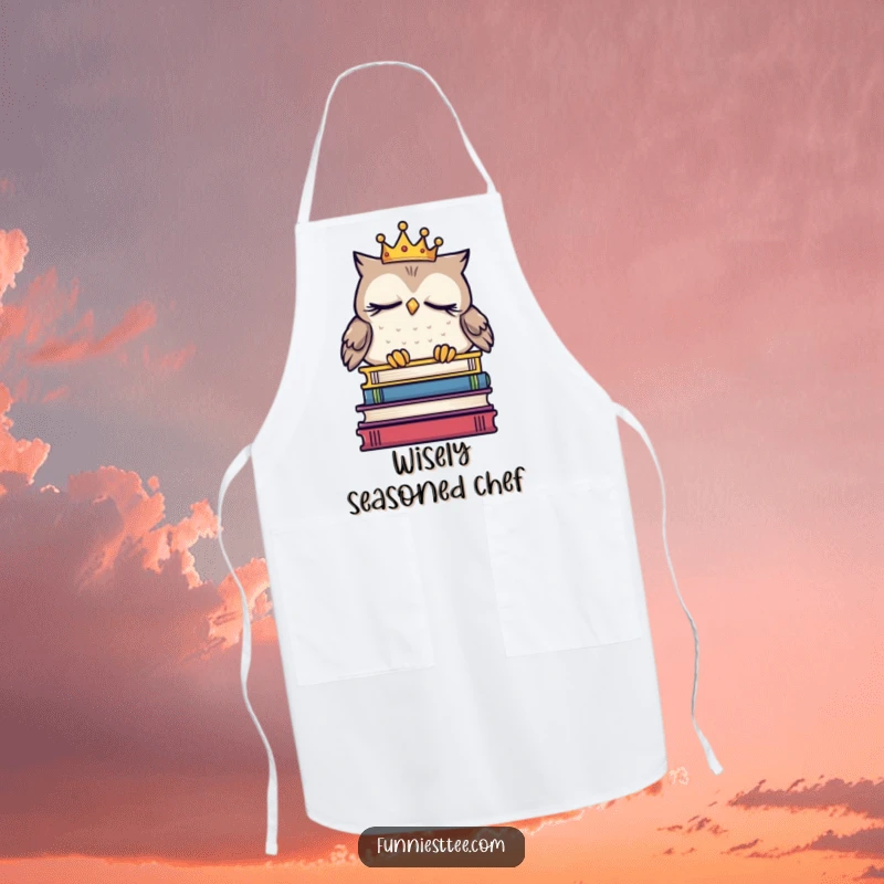 Funny sleepy owl apron with a crown, dozing on books, a humorous and practical accessory for kitchen activities for a studious cook.