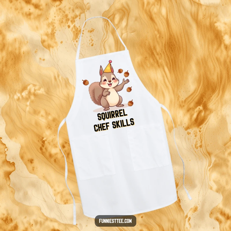 Funny apron depicting a happy squirrel in a party hat juggling acorns, perfect for adding a touch of nutty fun to culinary tasks.