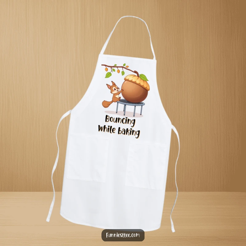 Funny apron showing a mischievous squirrel using a trampoline to steal a giant acorn, ideal for culinary capers and kitchen humor.