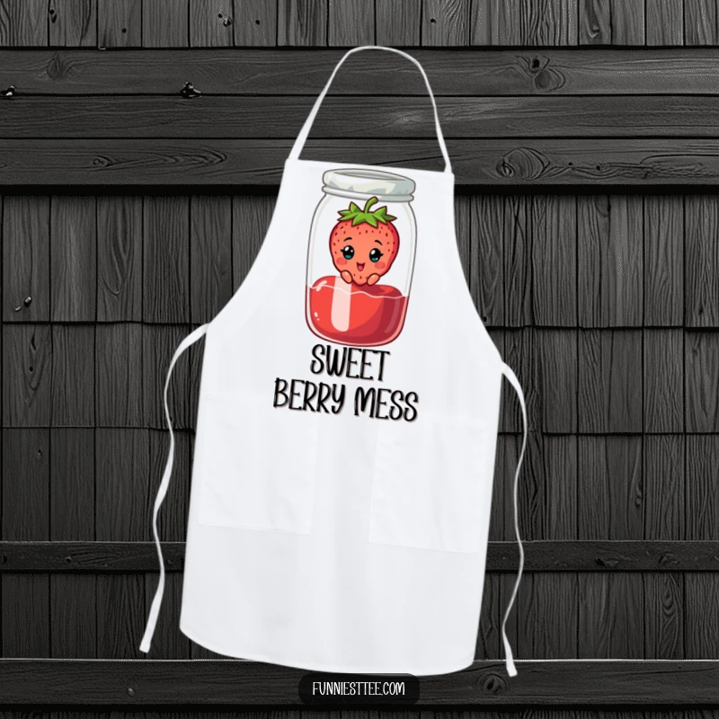 Funny apron depicting a cheerful strawberry character stuck in a jam jar, looking surprised, a sweet kitchen accessory.
