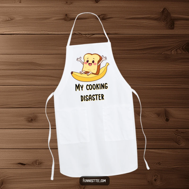 Funny apron of a slice of toast with arms flailing as it slides down a banana peel.