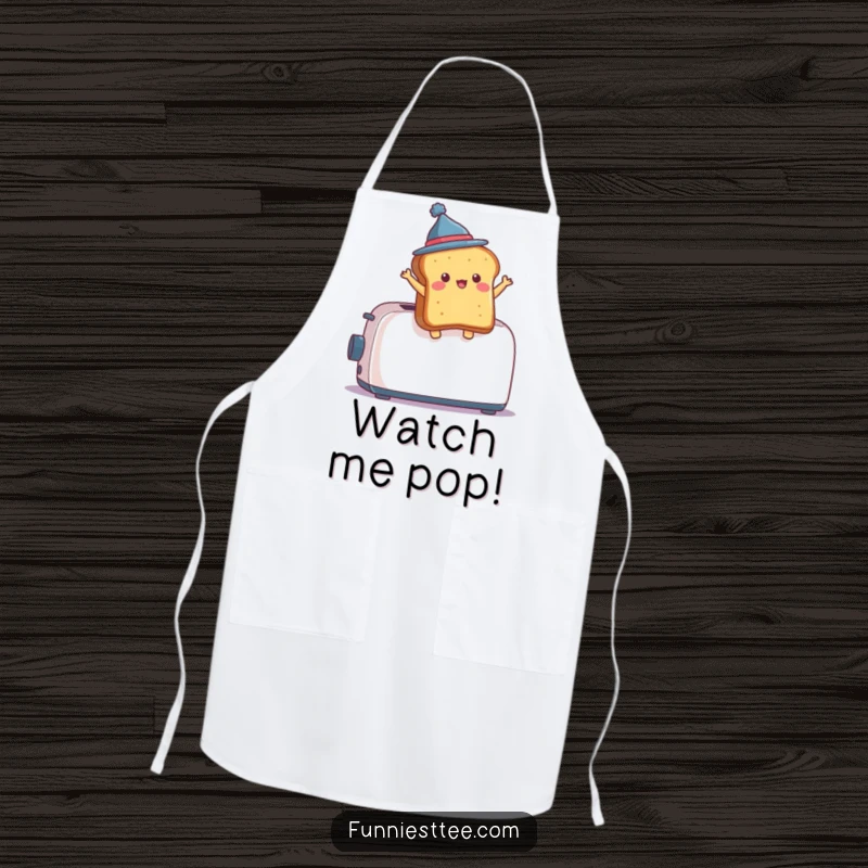 Funny Apron graphic of a piece of toast in a mini hat dramatically leaping from a toaster, ready to conquer the kitchen.