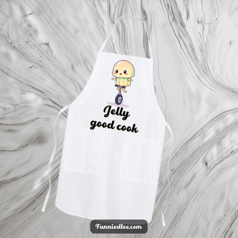 Funny apron showcasing a wobbly jelly character attempting to ride a small unicycle, perfect for humorous kitchen activities.