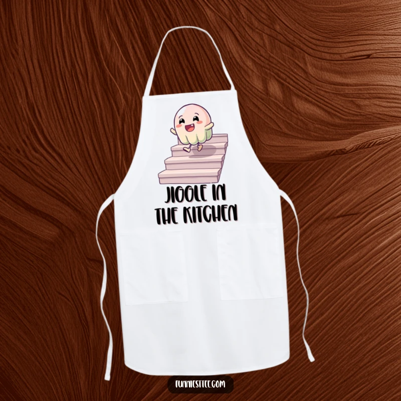 Funny apron with a wobbly jelly character cheerfully bouncing down stairs, ideal for humorous kitchen protection and adding a playful vibe.