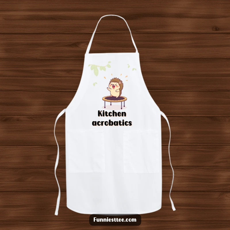 Funny apron design with a hedgehog joyfully flying off a trampoline, perfect for adding comedic flair to kitchen activities.