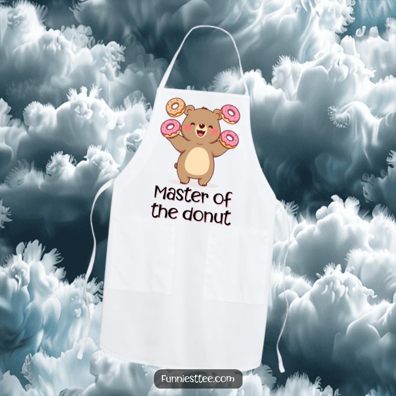 Funny bear juggling donuts, oversized treats, cute apron, bringing humor to baking, excellent gift.