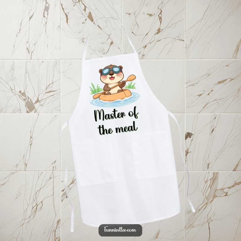 Funny apron featuring a happy otter in goggles, paddling a raft down a gentle stream, for kitchen fun.