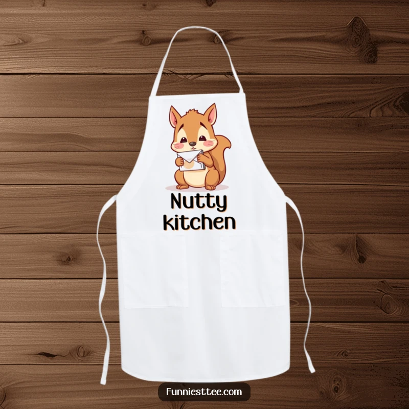 Funny Squirrel Mail Apron: A confused squirrel tries to mail a nut to itself, a fun and practical kitchen accessory.