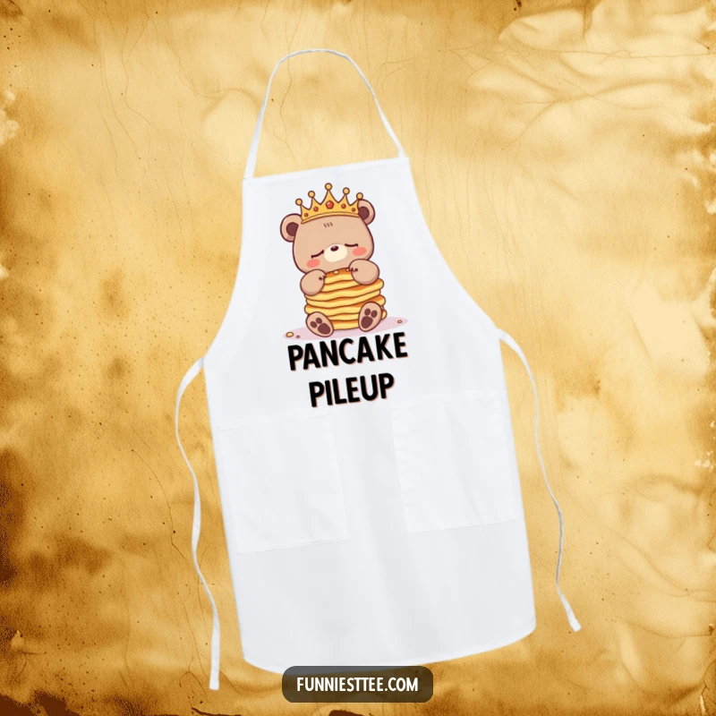 Funny sleepy bear apron showing a crowned bear character juggling pancakes, ready for breakfast duty with a humorous touch.