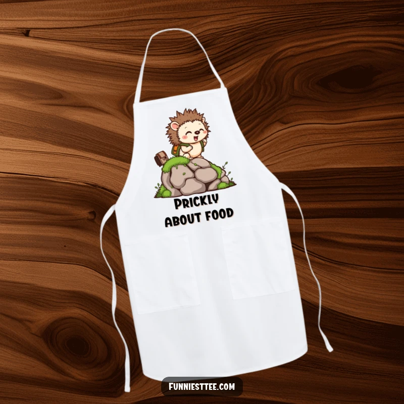 Funny apron featuring a tiny hedgehog with a backpack, climbing a mossy rock, for kitchen adventures.