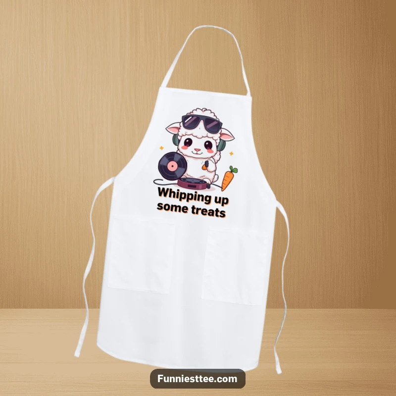 Funny apron showcasing a fluffy sheep in sunglasses DJing with a record and carrot, perfect for hosts who appreciate humorous music-themed kitchen attire.