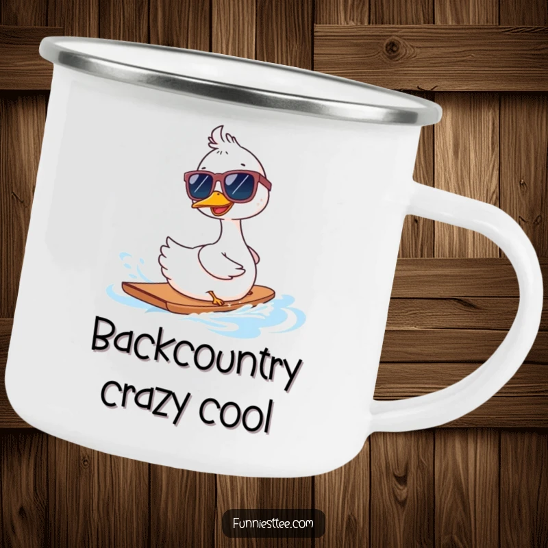 Funny goose wearing oversized sunglasses waterskiing backwards on a camping mug, a durable and humorous mug for outdoor enthusiasts.