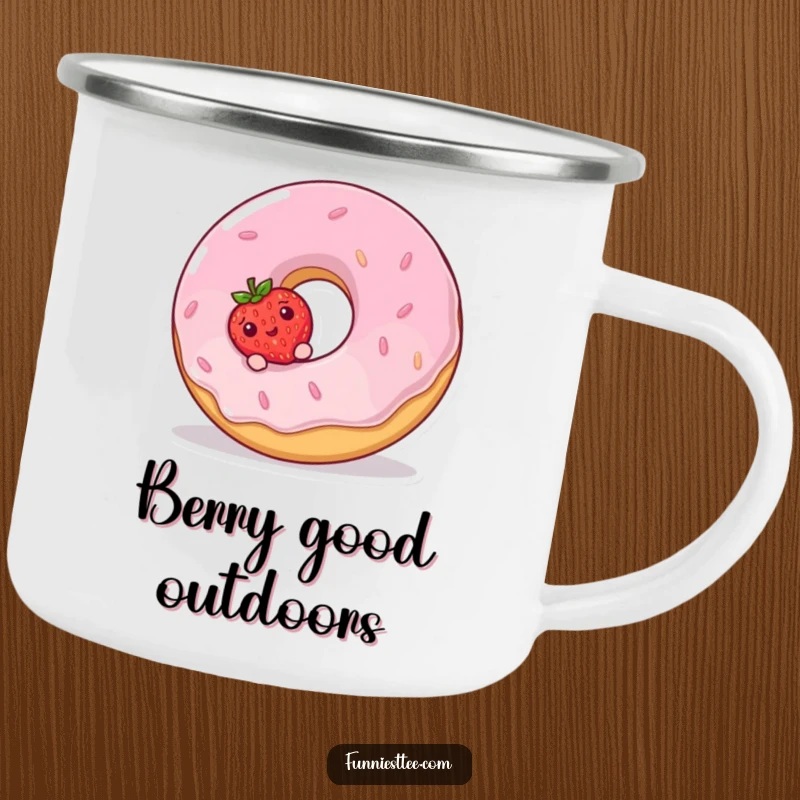 Funny Camping Mug illustration of a shy strawberry peeking from behind a giant, giggling donut in a nature setting.