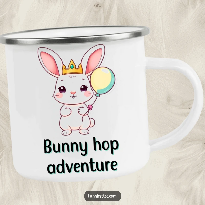 Funny camping mug with a playful rabbit king holding a balloon, ideal for royal sips and adventurous outdoor fun.