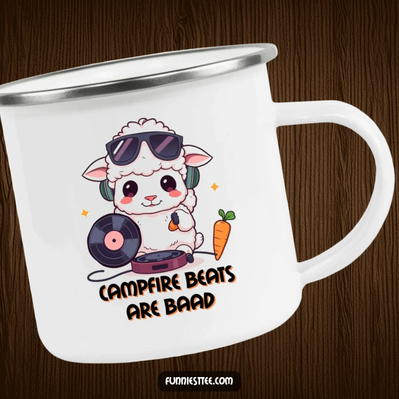 Funny camping mug depicting a fluffy sheep wearing sunglasses, cooly DJing with a record and carrot, designed for durability and humor during outdoor escapades.