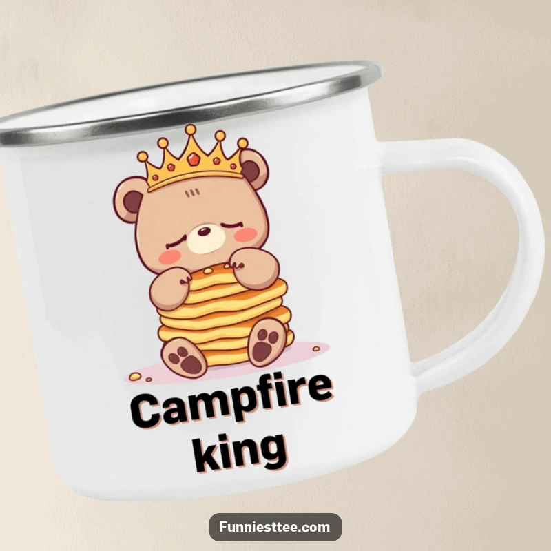 Funny sleepy bear camping mug with a crowned bear character attempting to balance pancakes, ready for outdoor breakfast adventures.