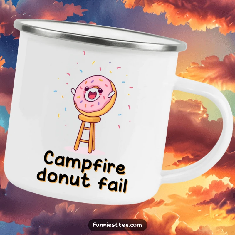 Sturdy funny camping mug with a donut character dramatically falling off a stool and sprinkles flying.
