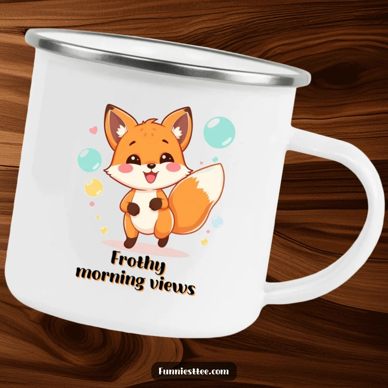 Funny camping mug depicting a cheerful fox with a wagging tail, chasing bubbles at a lively party.