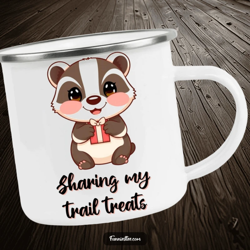 Funny badger camping mug, a happy badger with rosy cheeks offering a small gift.