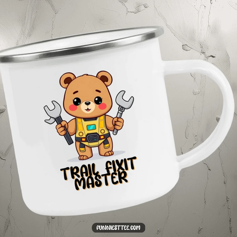 Funny Bear Camping Mug: A cheerful bear holds a wrench and proudly displays a half-built robot during an outdoor scene.