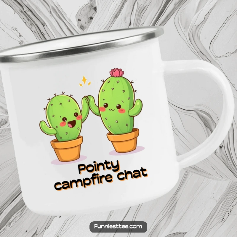 Funny camping mug featuring two prickly cactus characters cautiously giving a high-five, perfect for outdoor adventures and morning brews.