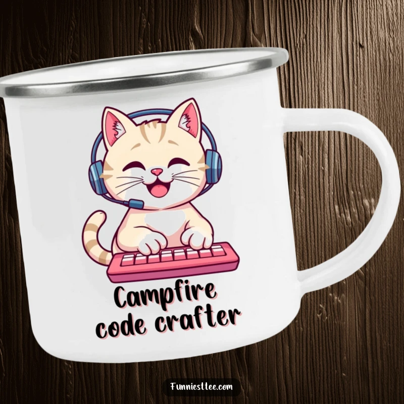 Funny Cat Camping Mug: A happy cat wearing a headset types rapidly on a keyboard, perfect for outdoor fun.