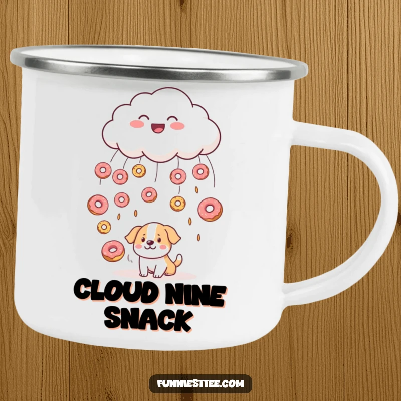Funny camping mug showing a smiling cloud raining donuts onto a bewildered dog, ready to hold your favorite warm beverage on the trail.