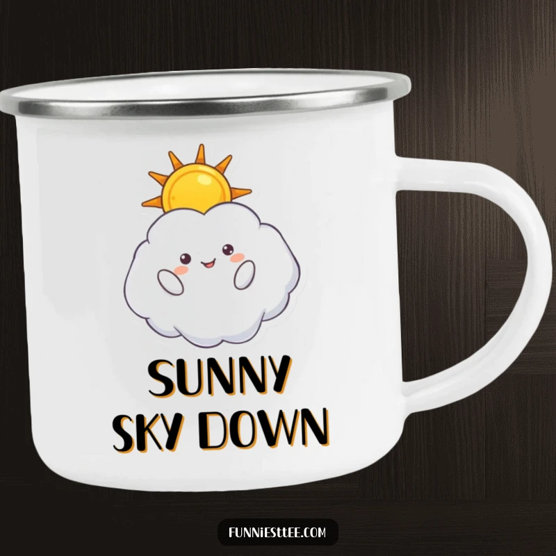 Funny camping mug featuring a fluffy cloud character inverted, holding a sun, perfect for enjoying drinks outdoors with a whimsical twist.